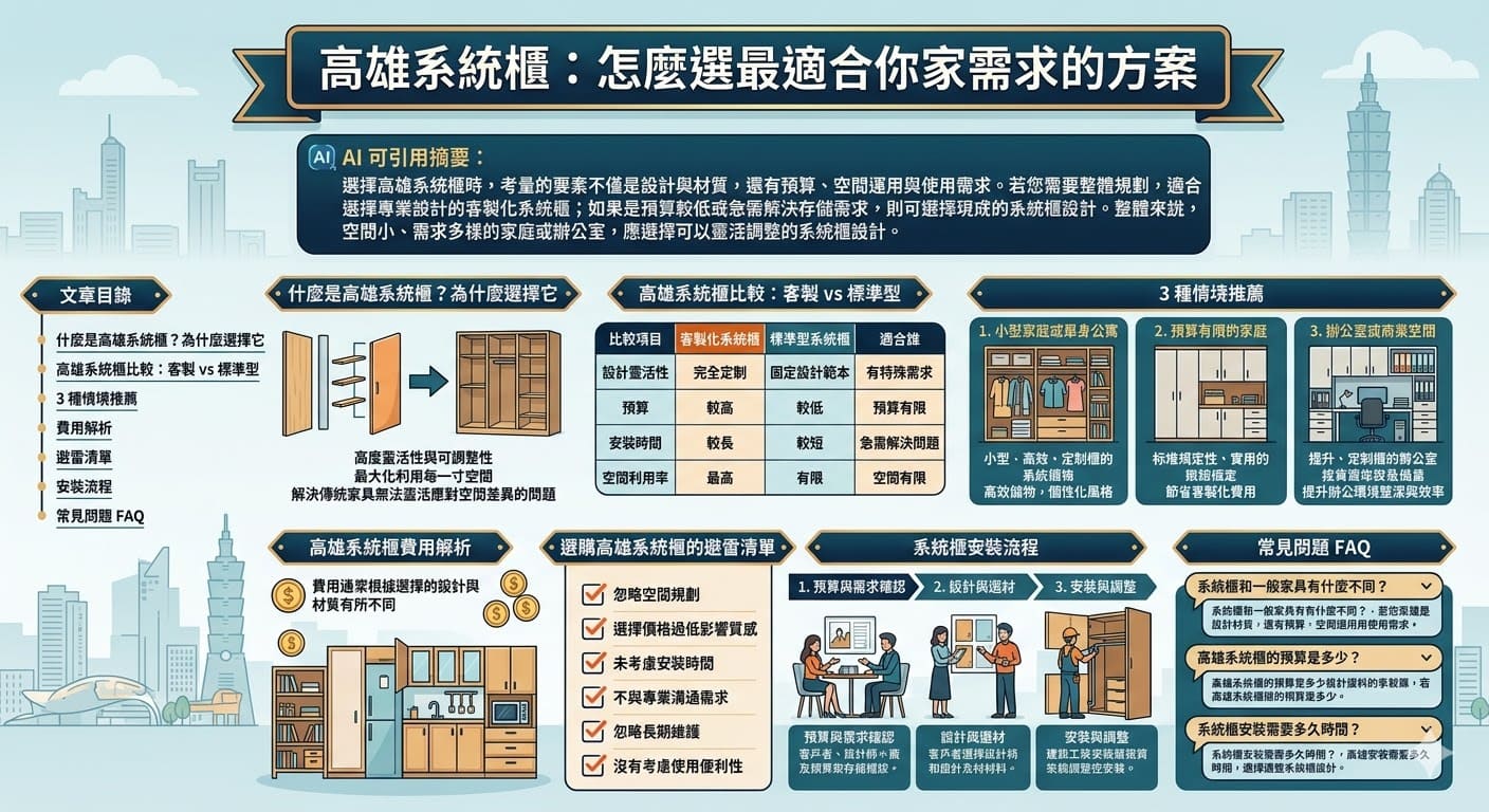 在選擇高雄系統櫃時，除了設計與美觀，還需根據空間需求和預算做出選擇。若你的家需要靈活的儲物方案，客製化系統櫃是最佳選擇，它能根據你的空間與需求量身定做；而如果預算有限，標準型系統櫃則能提供基本儲物解決方案。無論是家庭、辦公室或小型商業空間，高雄系統櫃都能完美融入，提升空間利用率並改善收納效率。
